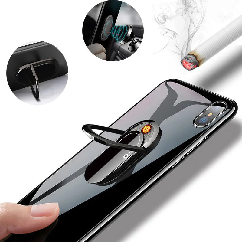 Portable USB plasma lighter with mobile phone holder, aluminium alloy, black ice colour