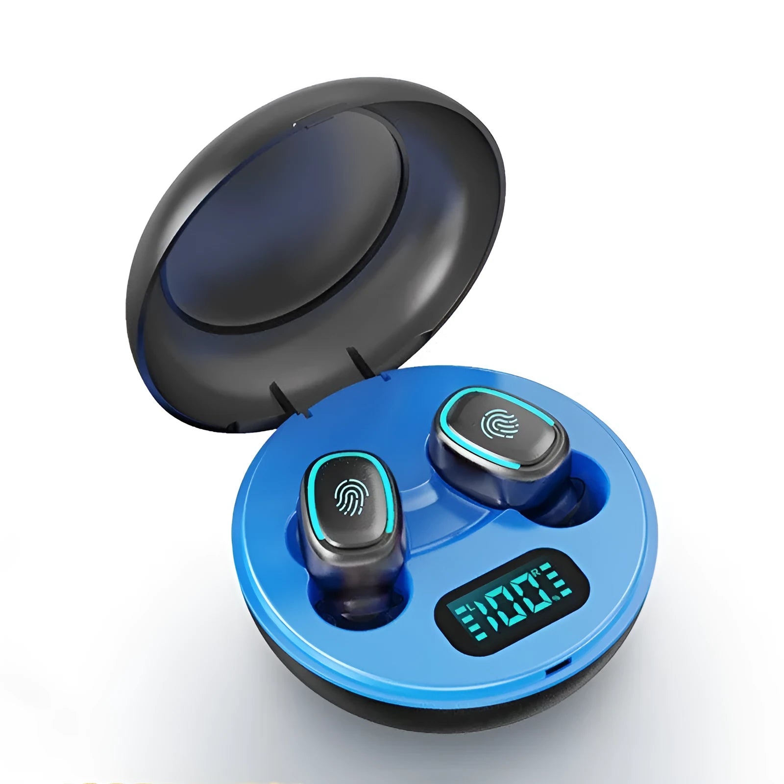 Wireless mini pod headset with Bluetooth 5.0, stereo sound, and power display, in Black