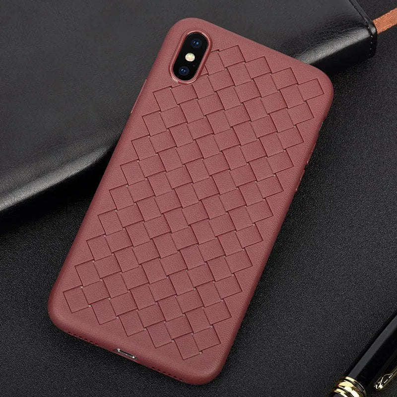Luxury grid weaving pattern iPhone case in TPU material with hollow cooling design and raised screen protection