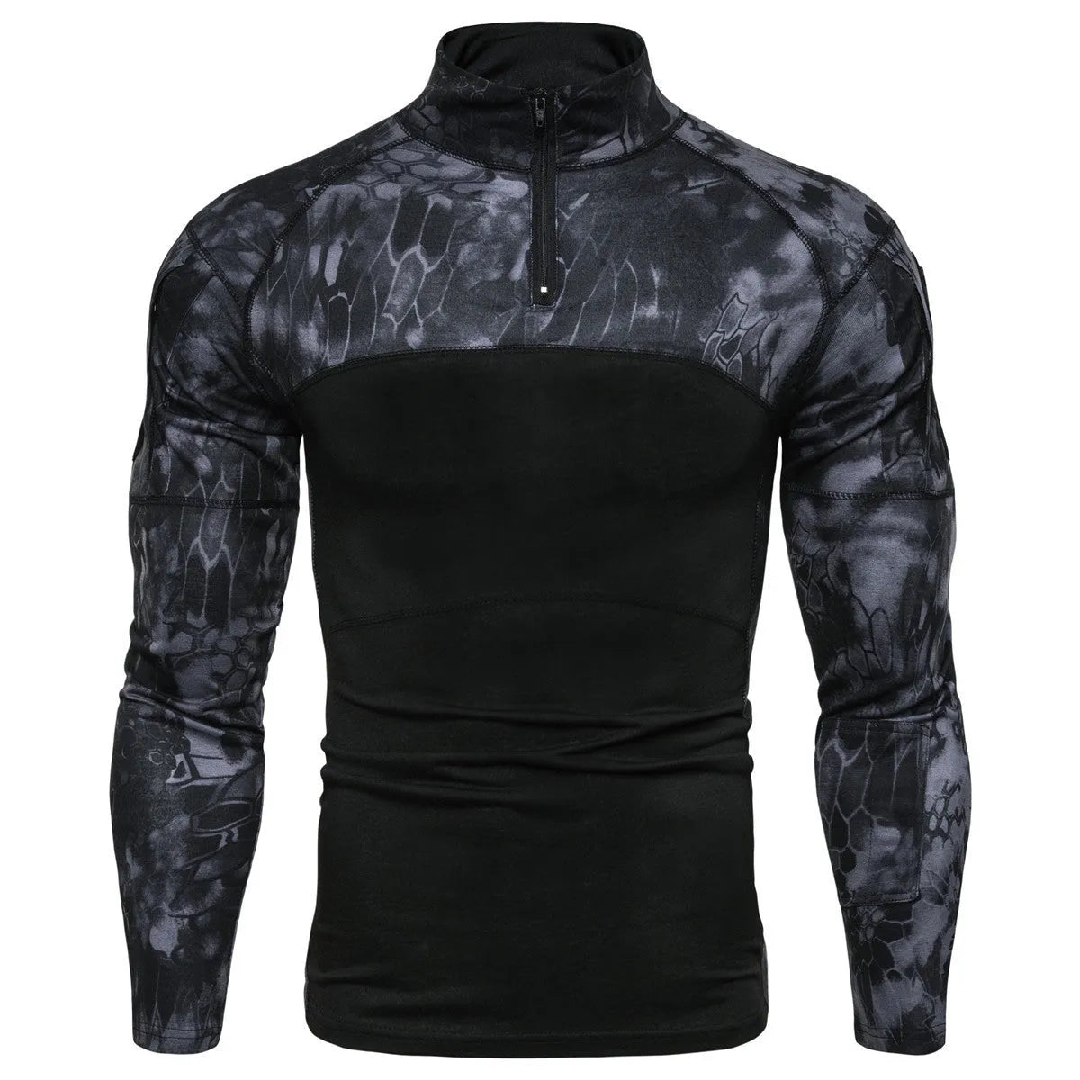 Camouflage panel zipper T-shirt in cotton blend, army green, grey or black, sizes L to XXXL