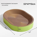 Green oval corrugated paper cat scratch nest showing textured surface and 55cm diameter.