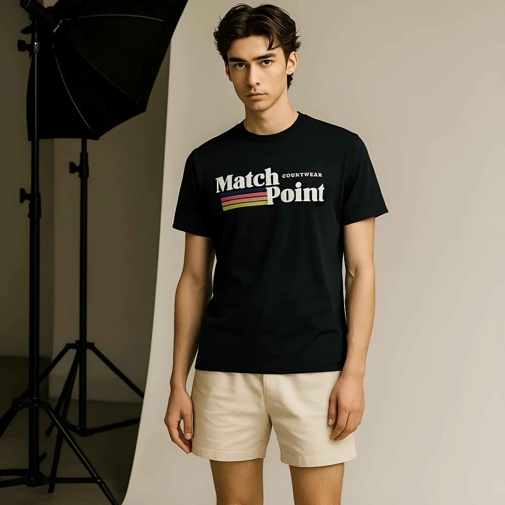 Black men's t-shirt with a colourful 3D digital print on the front, showing a regular fit and short sleeves.