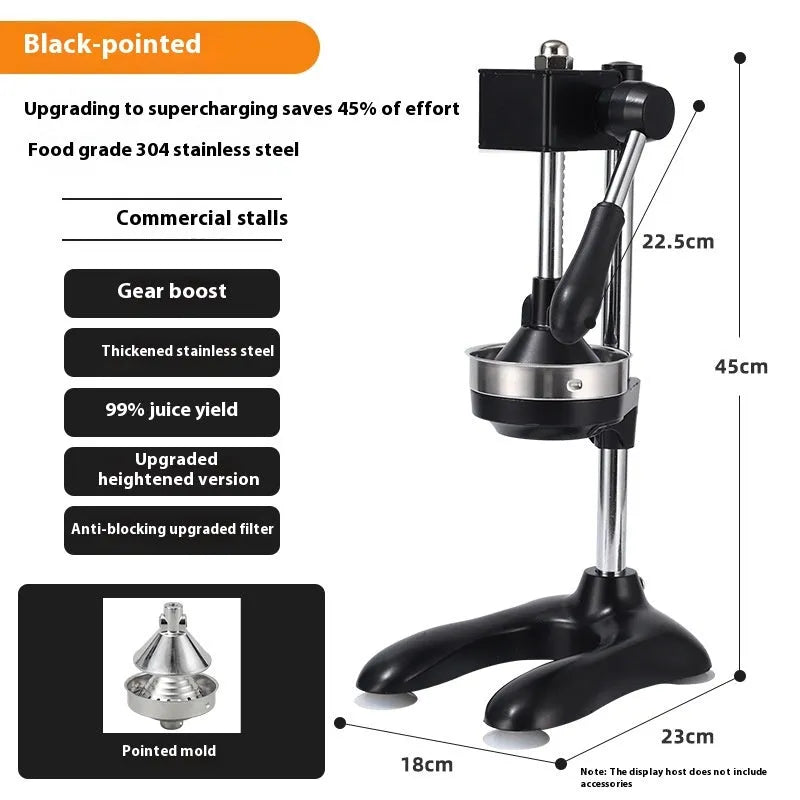 Vertical stainless steel manual citrus juicer shown in selected colour with chosen head style: pointed, flat, or double.