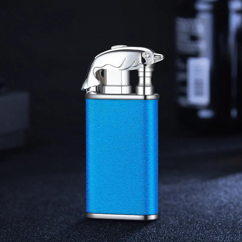 Creative blue flame lighter with windproof double fire and novelty dragon design, metal body