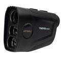 Golf laser rangefinder with 6x magnification lens showing LCD display with distance measurement
