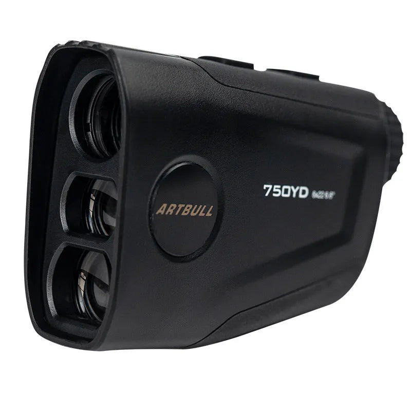 Golf laser rangefinder with 6x magnification lens showing LCD display with distance measurement