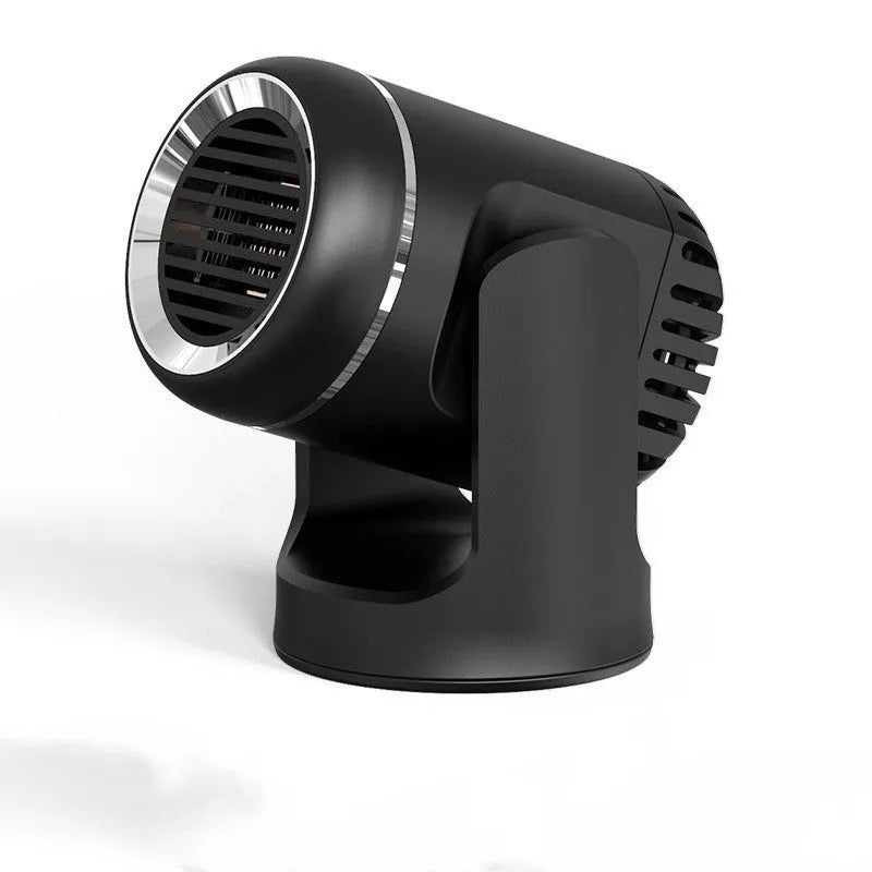 Black and white 12V car heater defroster unit with a long power cord on a car dashboard.