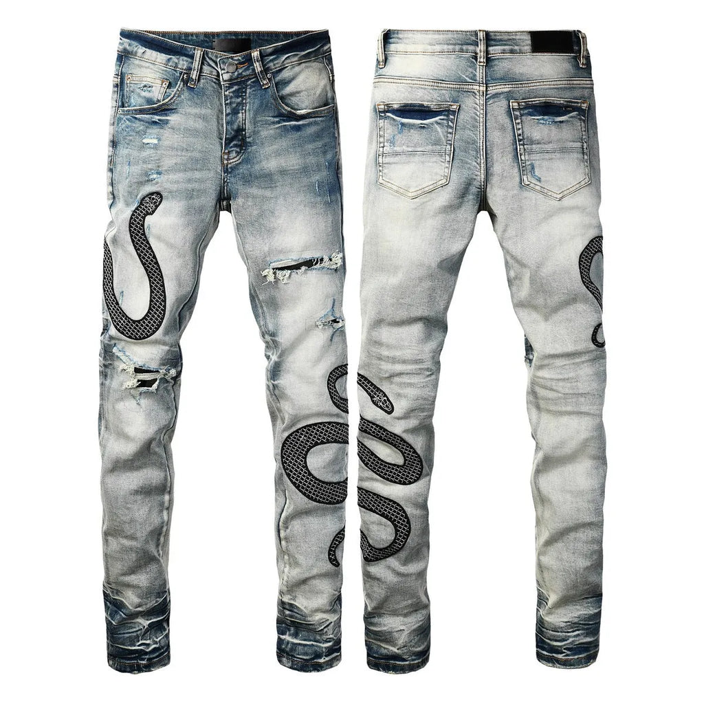 Man wearing 8934Blue distressed skinny jeans with a retro wash and skinny leg fit.