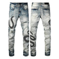 Man wearing 8934Blue distressed skinny jeans with a retro wash and skinny leg fit.