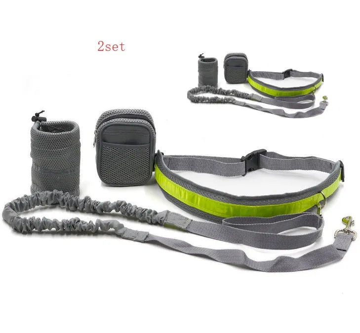 Adjustable hands-free dog leash set with 144cm nylon rope, 78-110cm waist belt, waist bag, and sundries bag