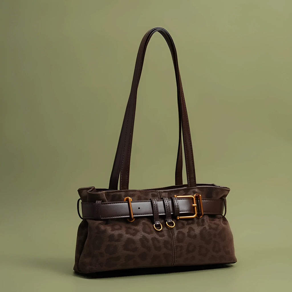 Retro leopard print PU shoulder bag in brown, compact horizontal square shape with double straps, 30x15x10cm.