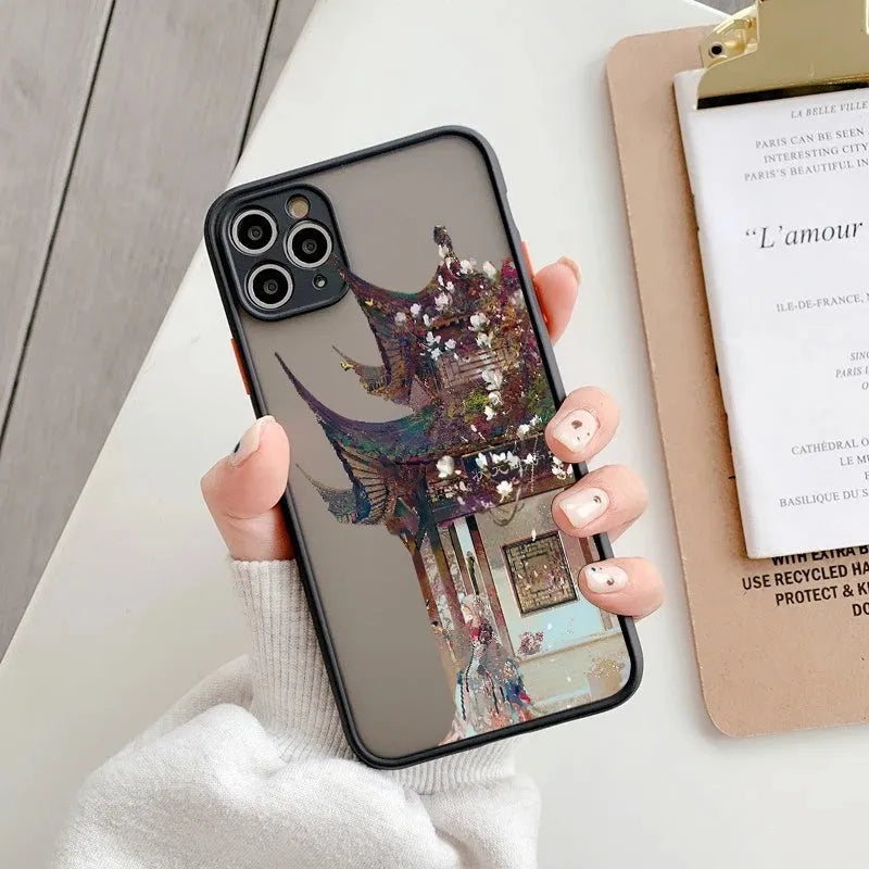 Vintage cartoon scenery girl phone case for iPhone models with Japan and South Korea style, options A B C