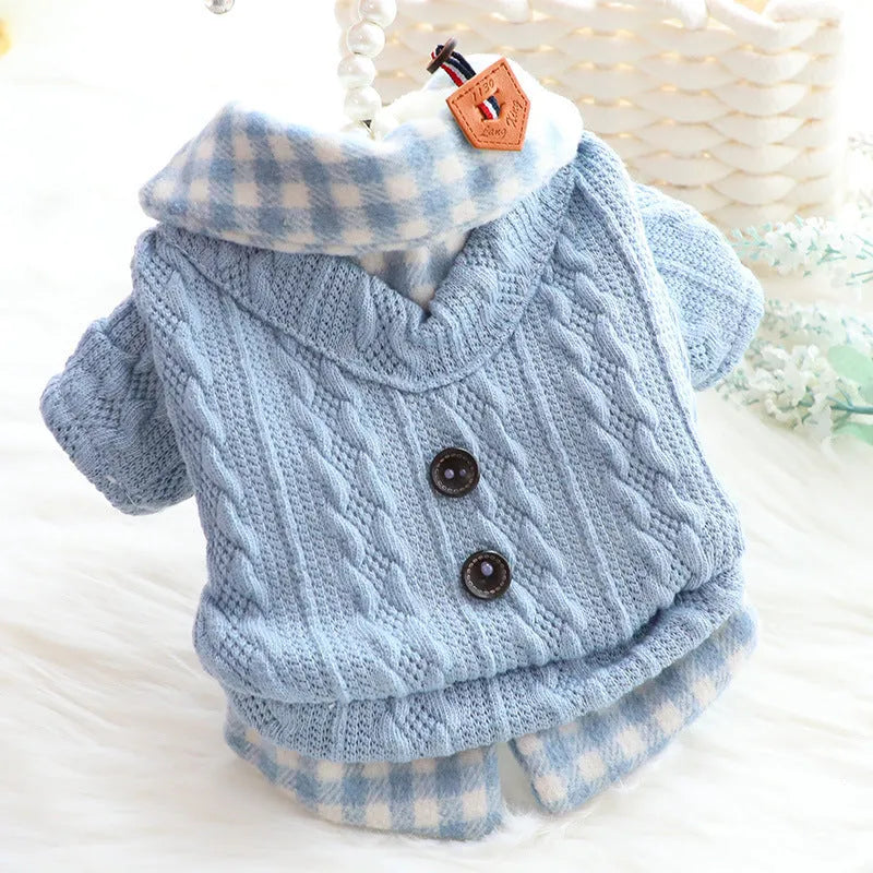 Blue plaid fleece-lined wool dog sweater with a fake two-piece design on a small dog.