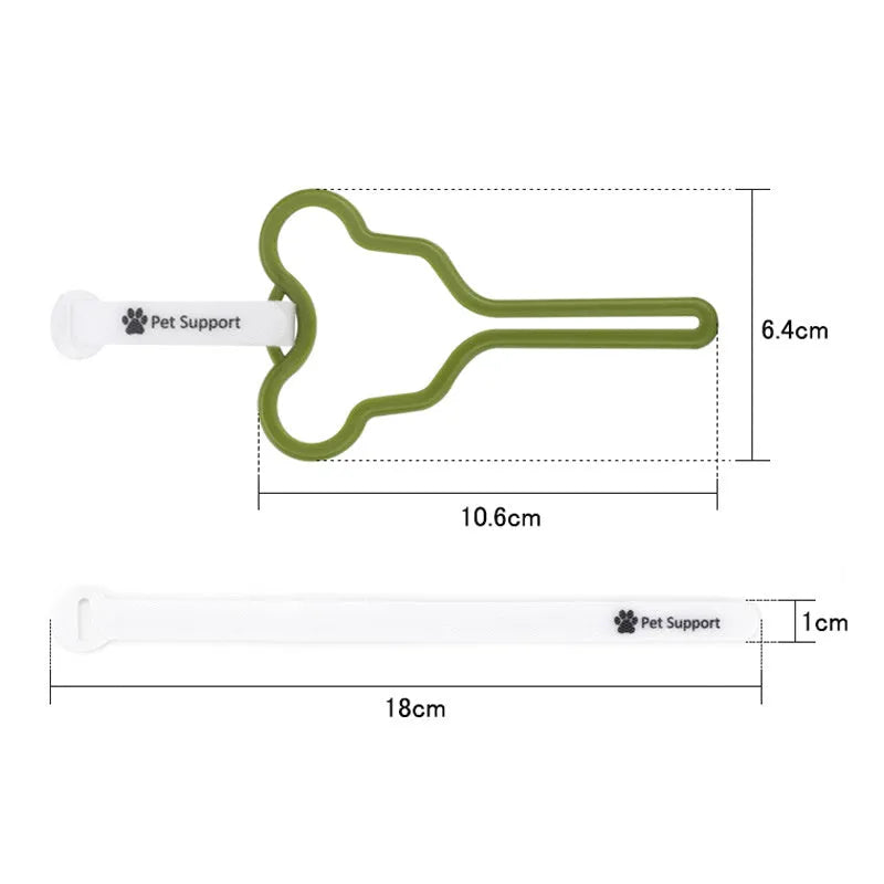 A hands-free dog poop bag holder with a hook and loop fastener strap, shown attached to a dog leash.