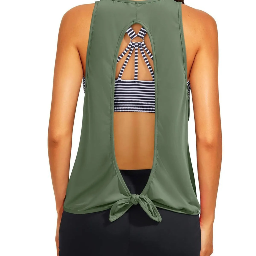 Women's three-piece printed swimsuit set with short sleeve top, vest, and shorts, backless design, covered belly, polyester, sizes XS-XXL.