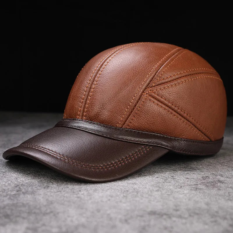 Men's cowhide leather baseball cap with flat short eaves and dome top, adjustable 56-60cm, shown in brown