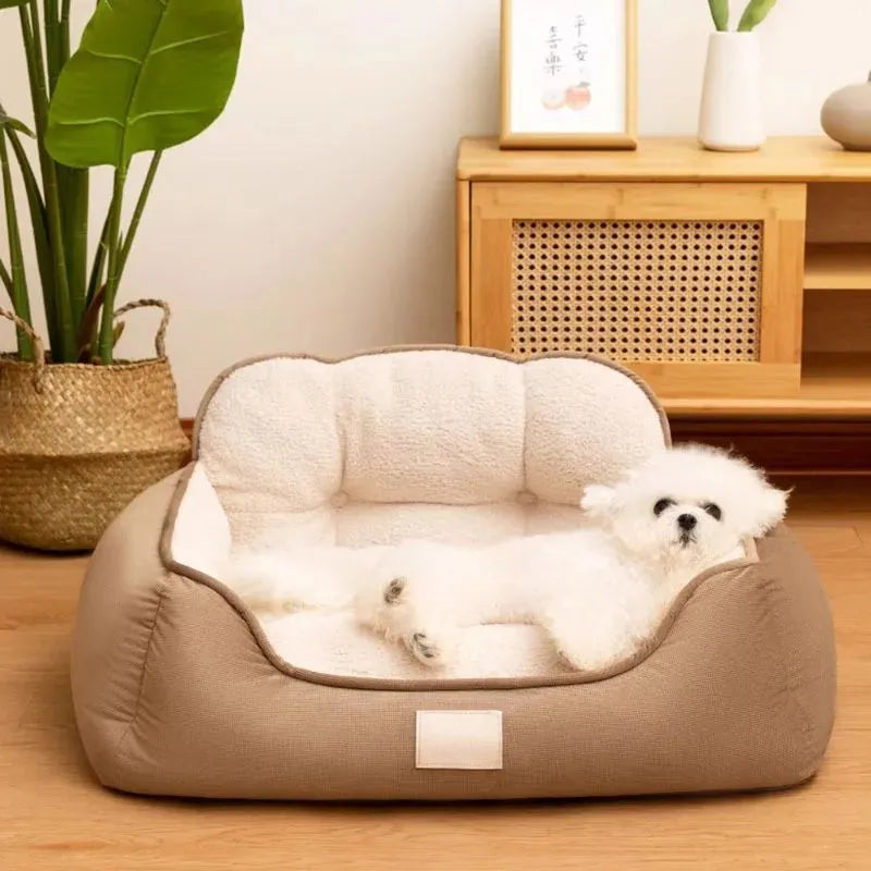 Medium plush foam dog bed in grey with raised edges and non-slip base, size M 60x50x29cm