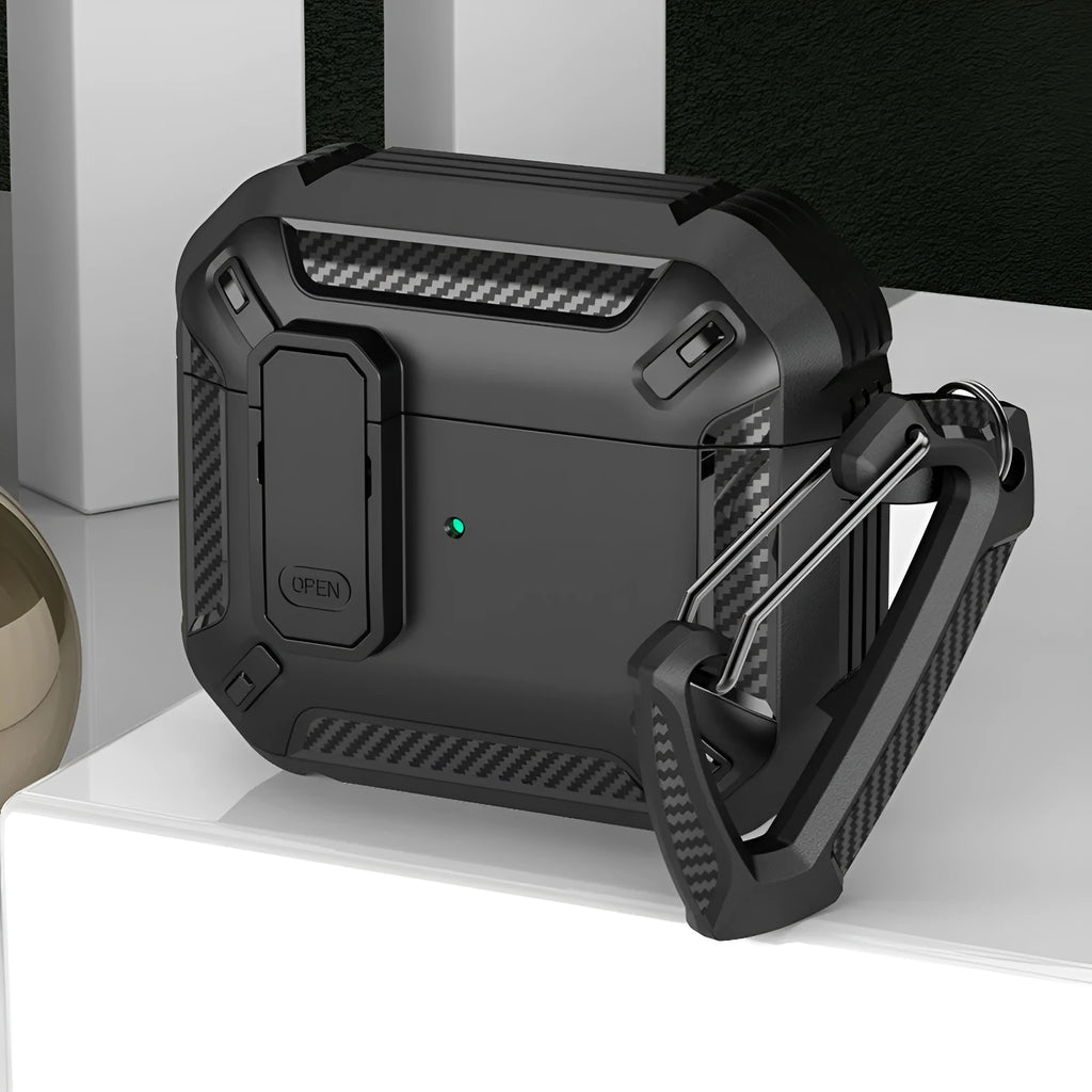Plastic clamshell protective case for AirPods with a removable metal hook, shown in a black and yellow two-tone colour scheme.