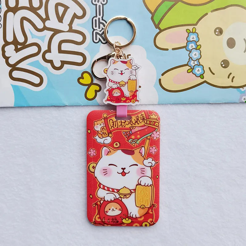 Lucky Cat cartoon design plastic certificate holder sleeve with a metal ferrule pendant.
