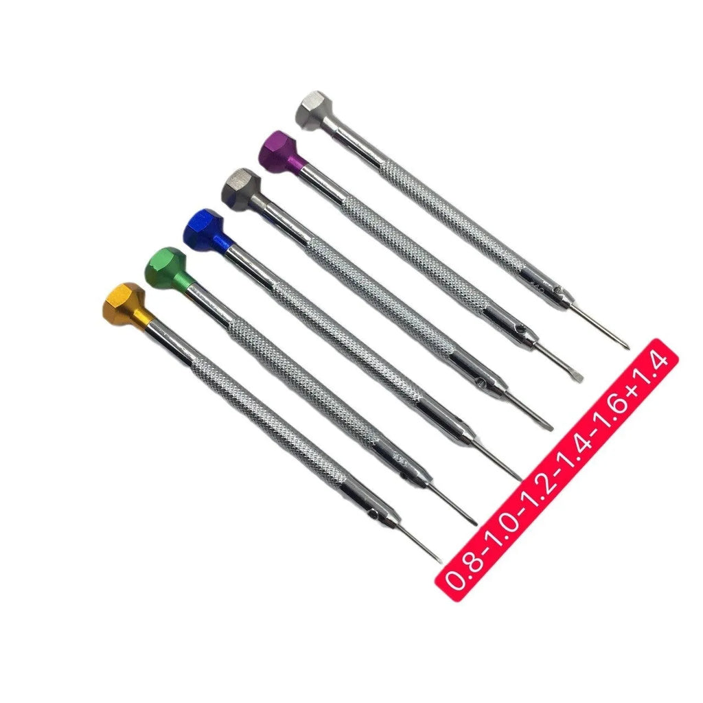 Six colour-coded watch repair screwdrivers with aluminium handles and copper grips for watch maintenance