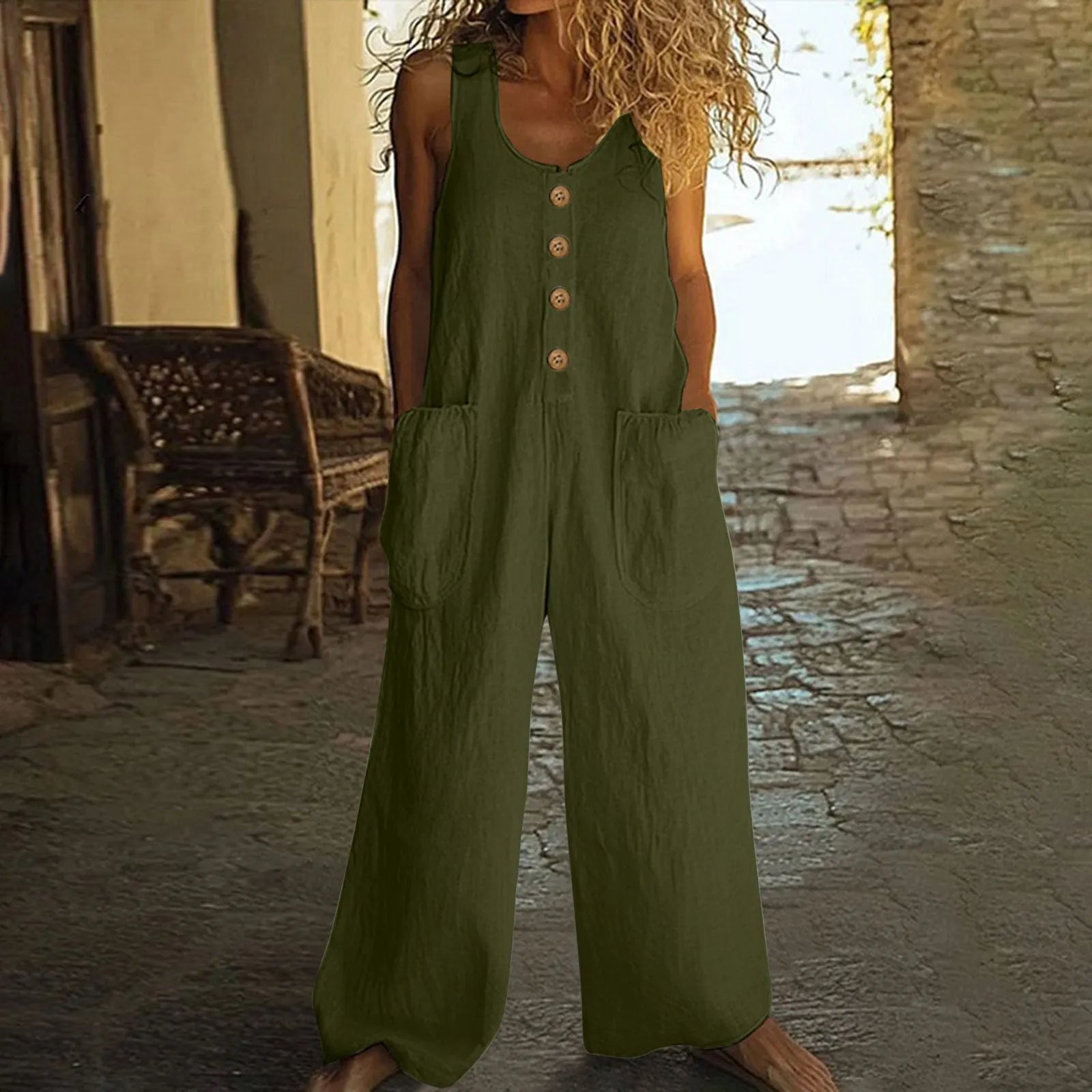 Sleeveless wide leg cotton jumpsuit in peacock green colour with pockets and elasticated waist