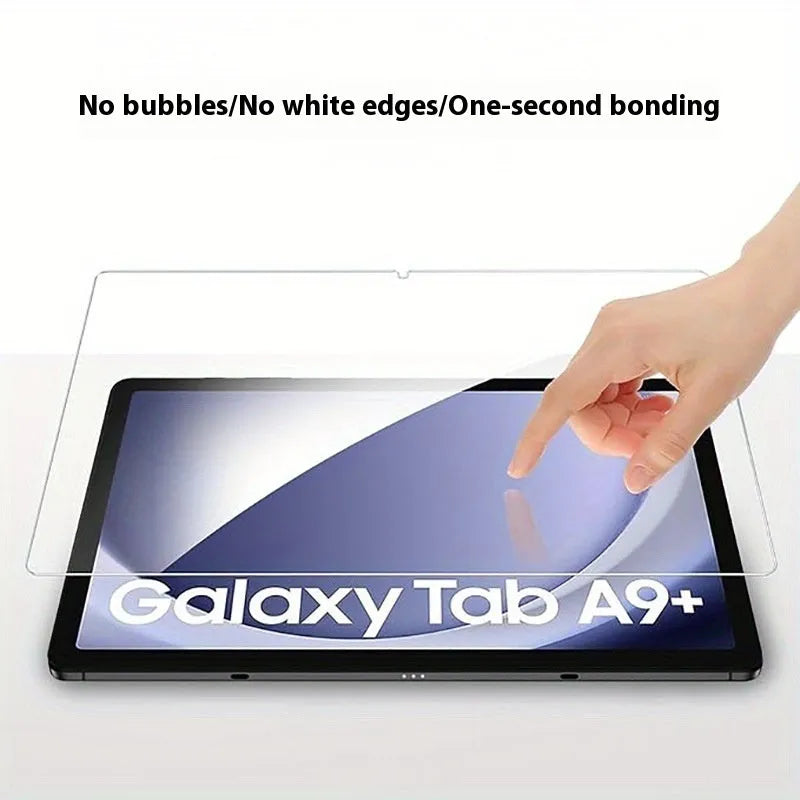 Samsung Galaxy tablet with HD tempered glass screen protector showing clarity and full coverage.
