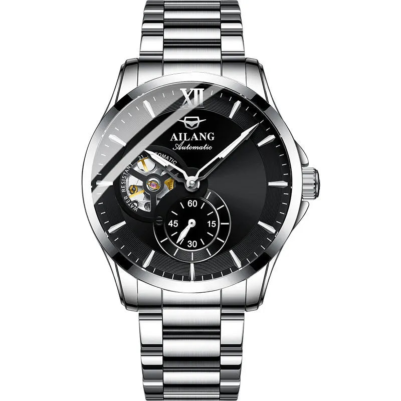 Men's mechanical skeleton watch with 41mm round dial, luminous hands, fine steel strap, and 30-metre water resistance
