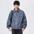 Men's corduroy lapel jacket in khaki, loose fit, new print design, front view on male model