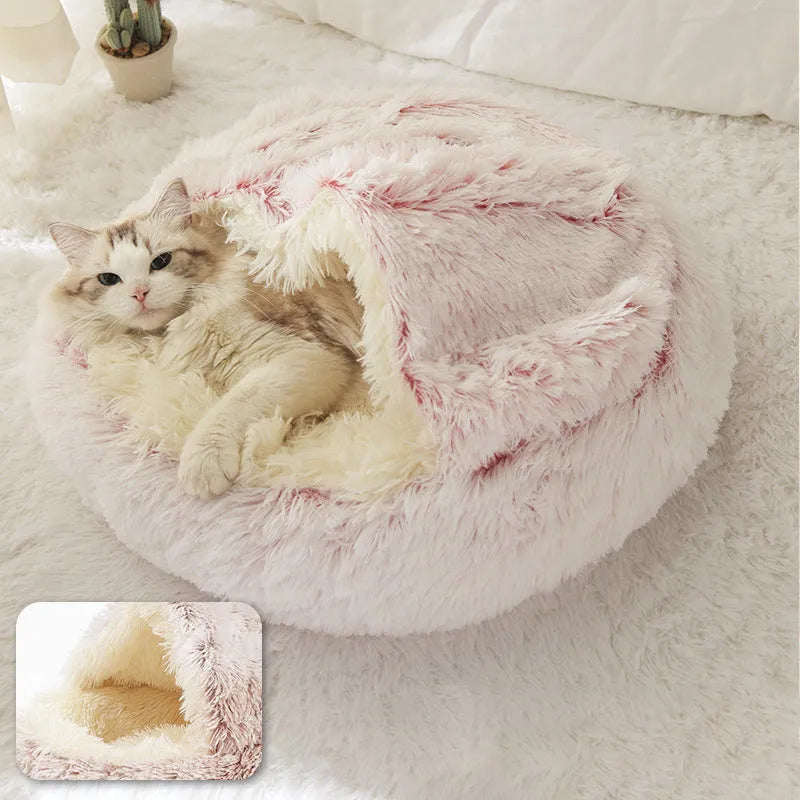 Plush shell pet nest in crystal velvet, round PP cotton cat and dog bed, 50cm diameter, cherry pink colour