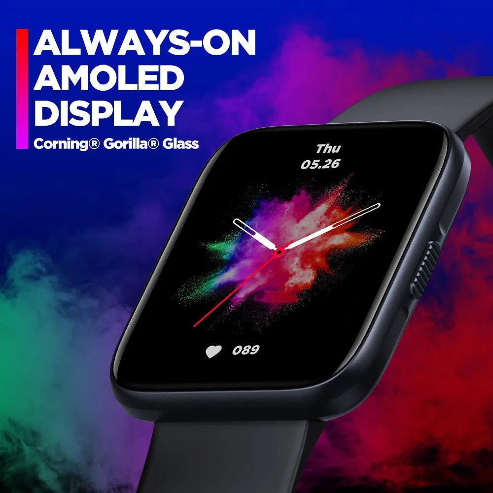 Black GPS sports smart watch with 1.78 inch LCD display and rubber strap on a white background