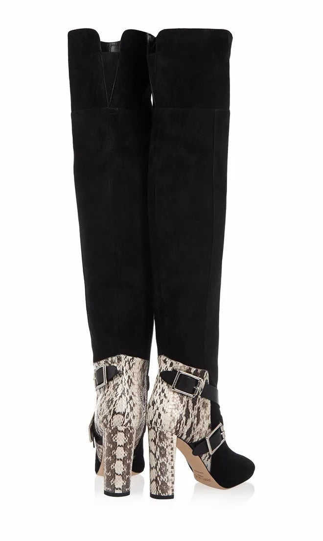 Black suede women's fashion boots with round toe, thick heel, rubber sole, and 8cm or more heel height.