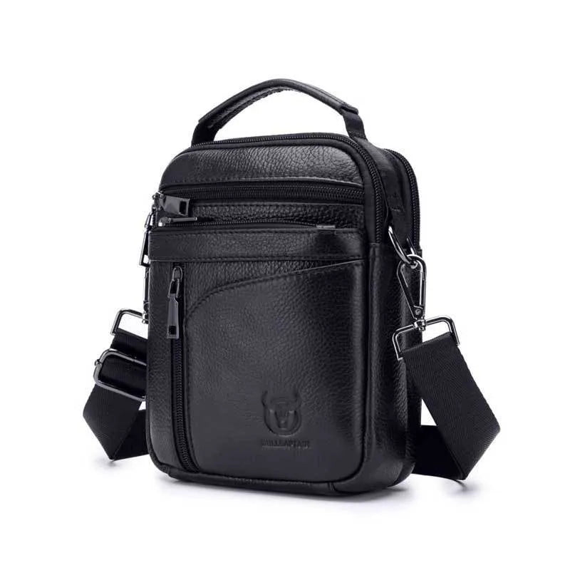Black genuine leather retro style mens shoulder messenger bag for business casual and travel