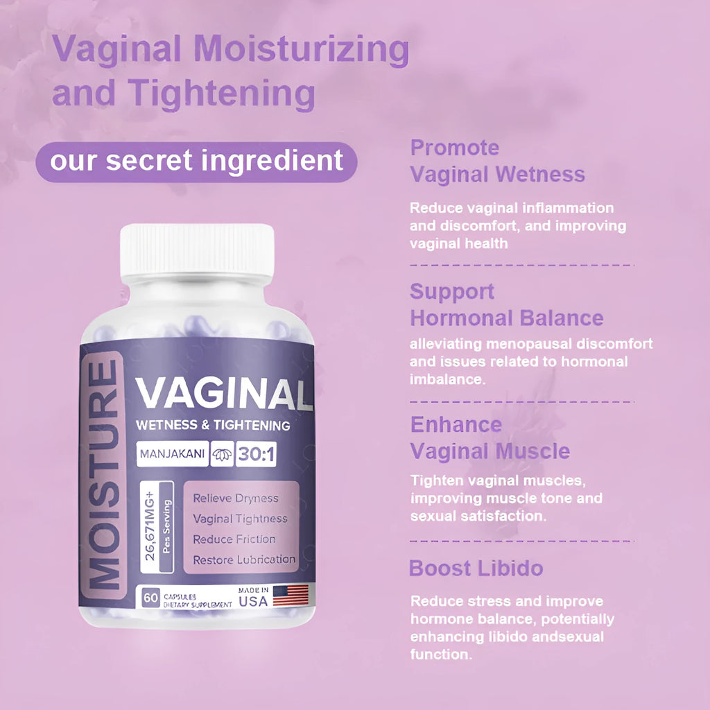 Bottle containing 60 vaginal capsules for adult women's feminine wellness supplement