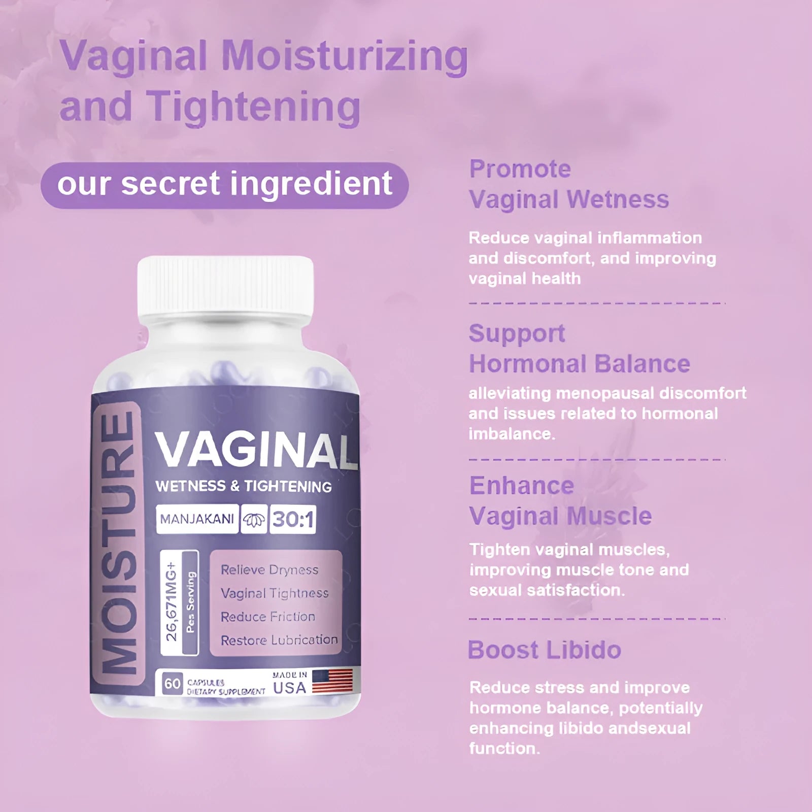 Bottle containing 60 vaginal capsules for adult women's feminine wellness supplement