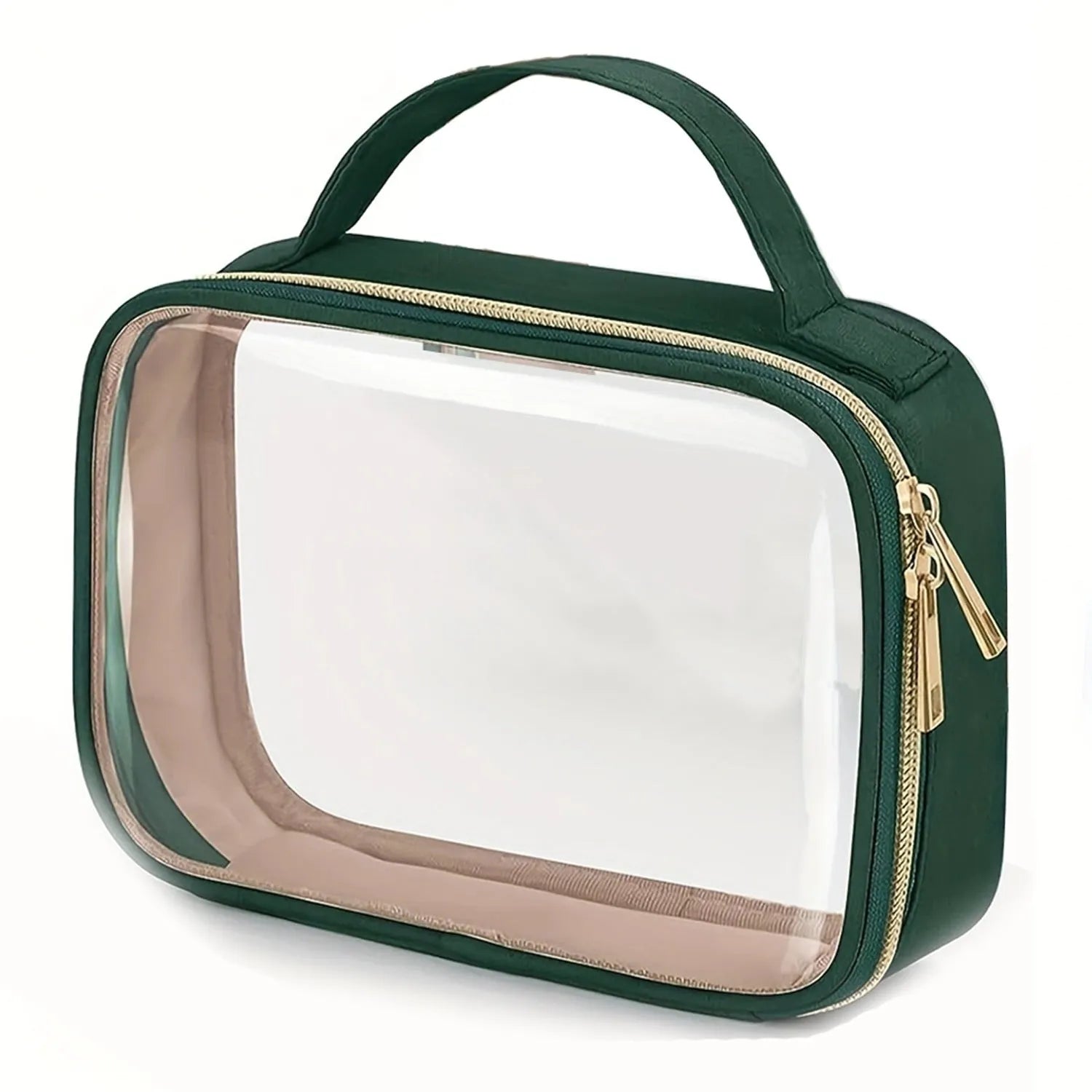 Transparent PVC makeup organiser bag with chain handle in assorted colours on a plain background.