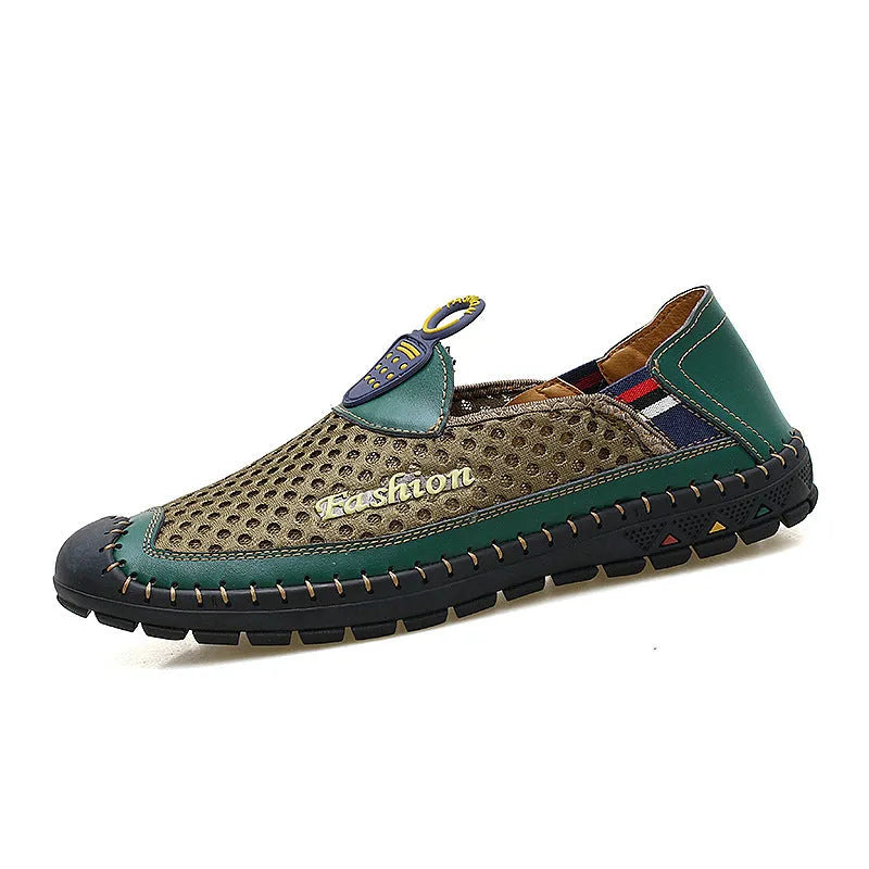 Men's brown casual shoes with mesh fabric upper and rubber sole