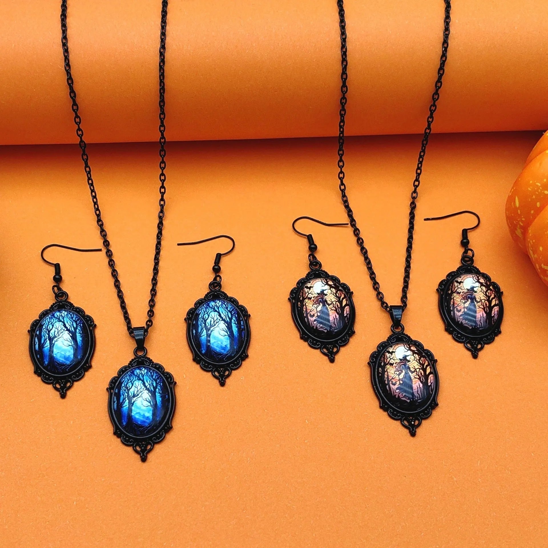 3pcs vintage Halloween tree of life and witch necklace set with earrings, alloy pendant jewellery, two colour styles