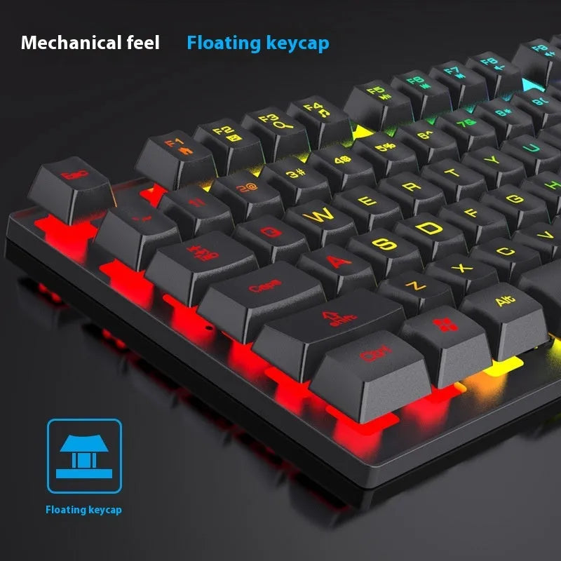 Black 104-key backlit gaming keyboard with mouse bundle on gaming desk