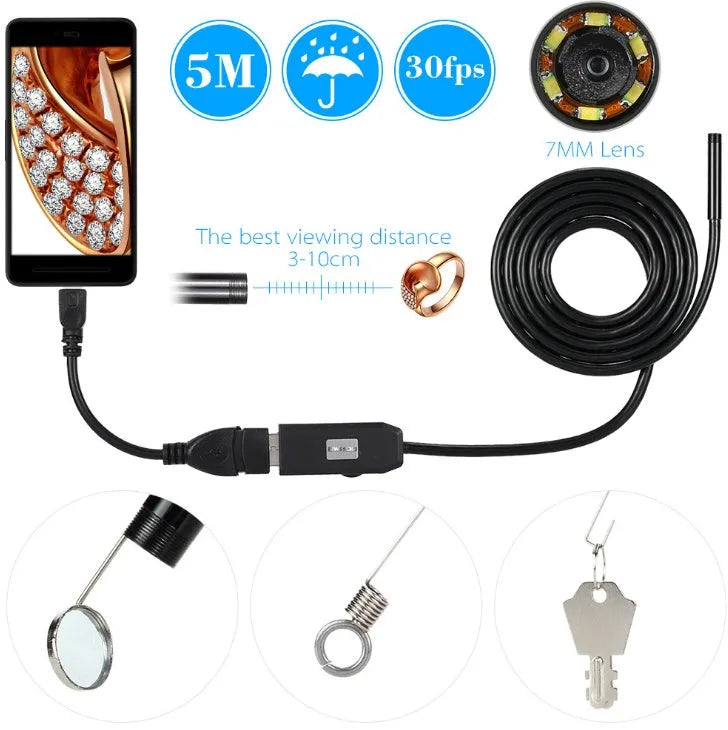 OWSOO USB endoscope inspection camera with 5m cable, LED lights, magnet, and hook attachments