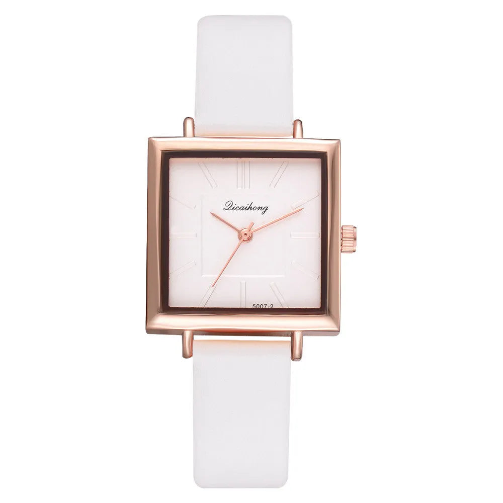 Square women leather crystal quartz wrist watch with glass dial in multiple colours