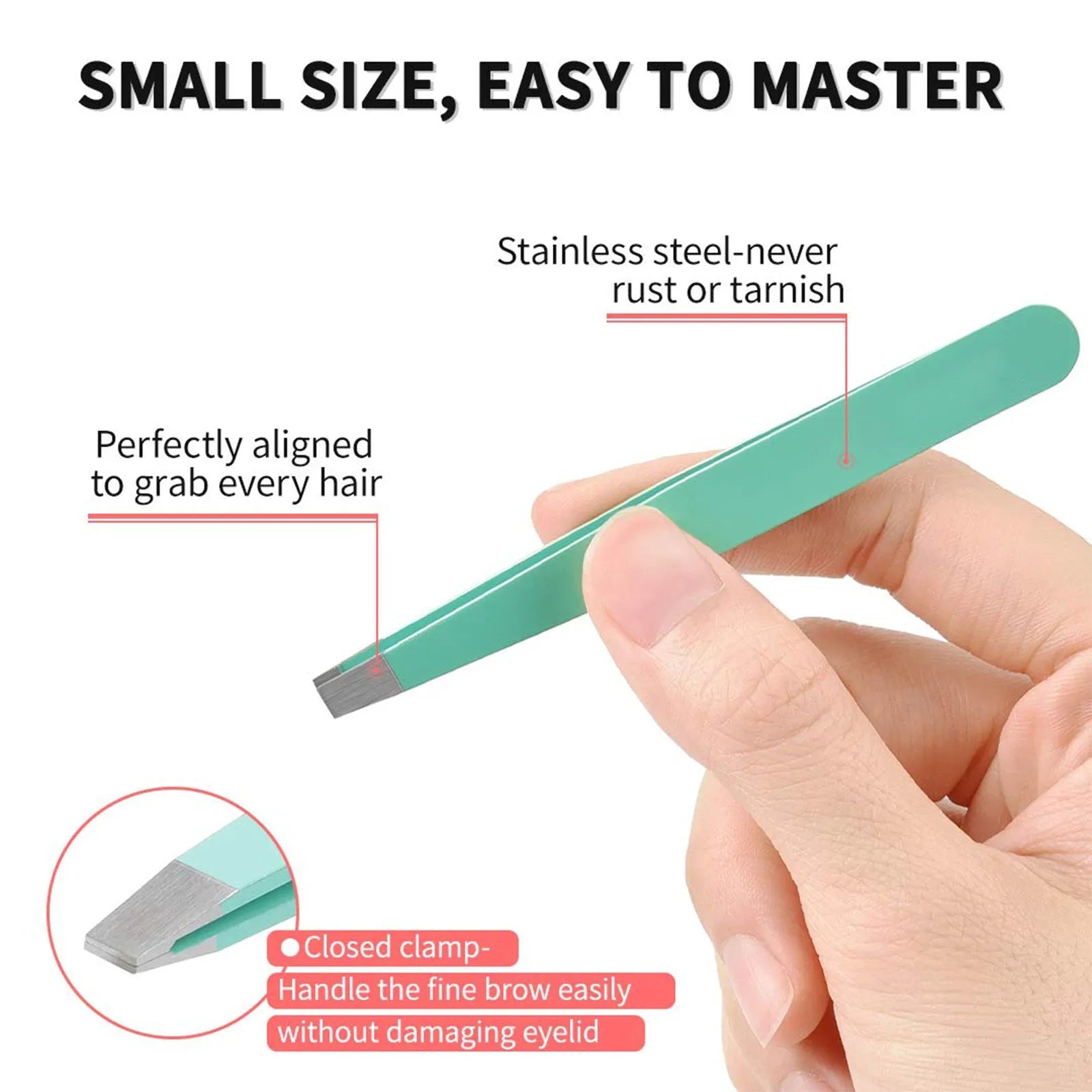 Six-piece stainless steel eyebrow tweezers set with leather case, showing four tweezers, scissors, and a brush.