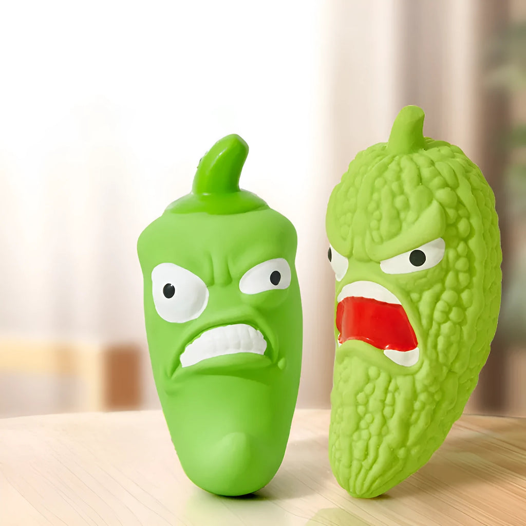 Dog chew toy with pet sound mechanism in bitter melon and chili designs for teeth cleaning