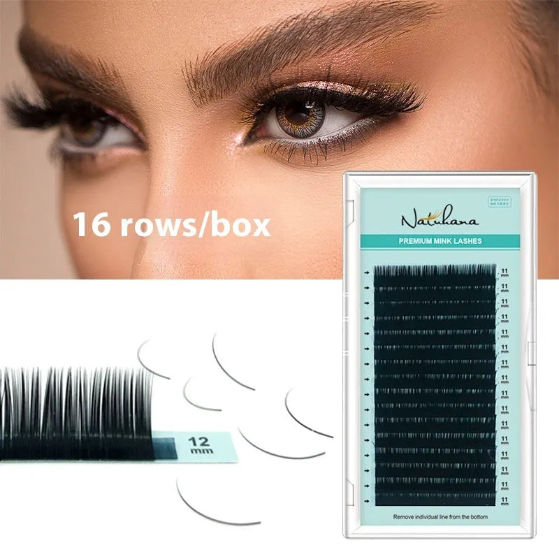 Close-up of artificial fibre false eyelashes with soft velvet finish, showing options from 0.05CC to 0.2CC.