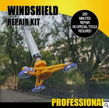 Car windscreen repair kit with vacuum air removal, injection sealing head, and repair fluid, 22x11x3cm plastic and rubber tool set