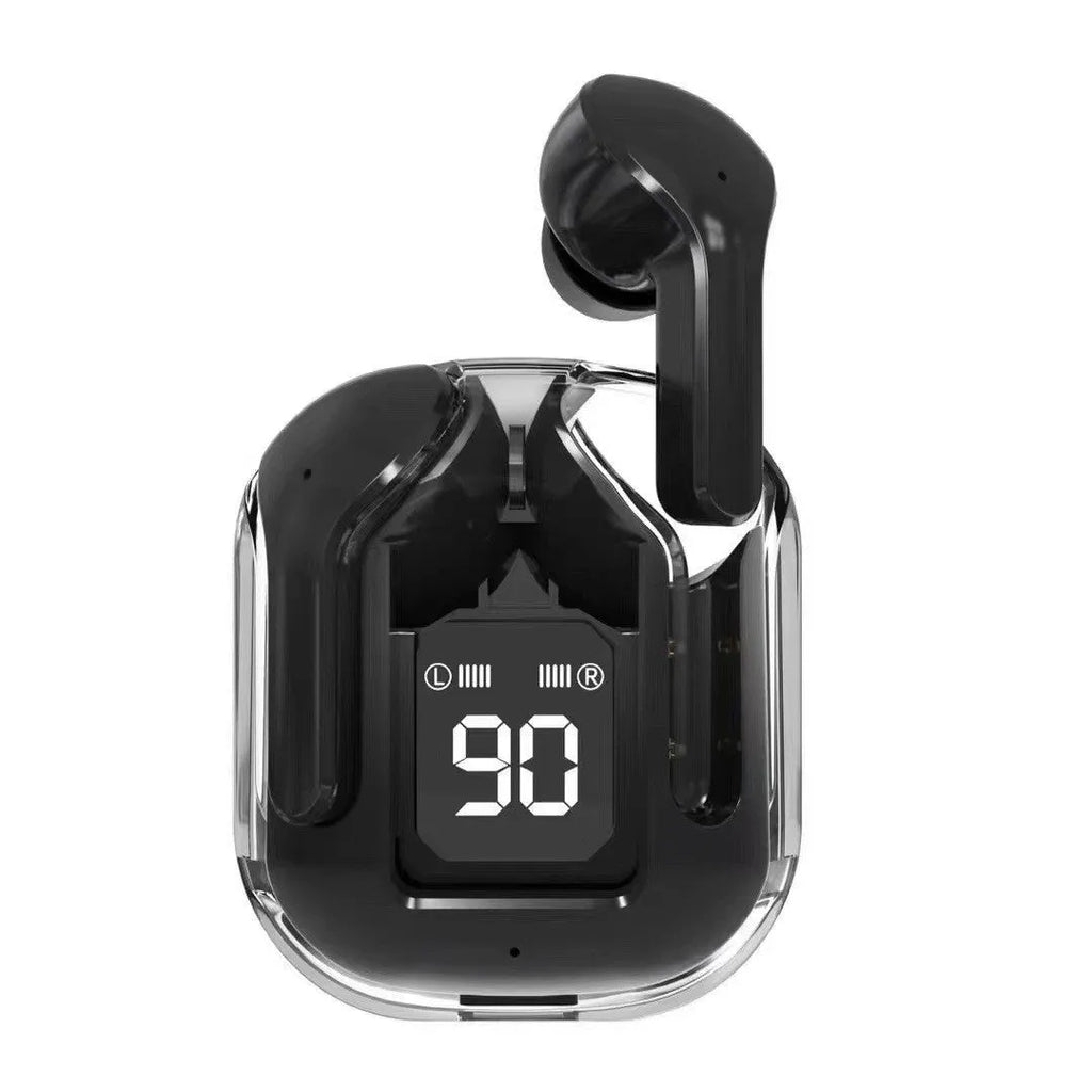 Transparent space capsule case true wireless headphones with digital battery display in multiple colours