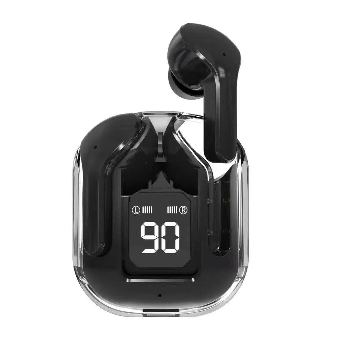 Transparent space capsule case true wireless headphones with digital battery display in multiple colours