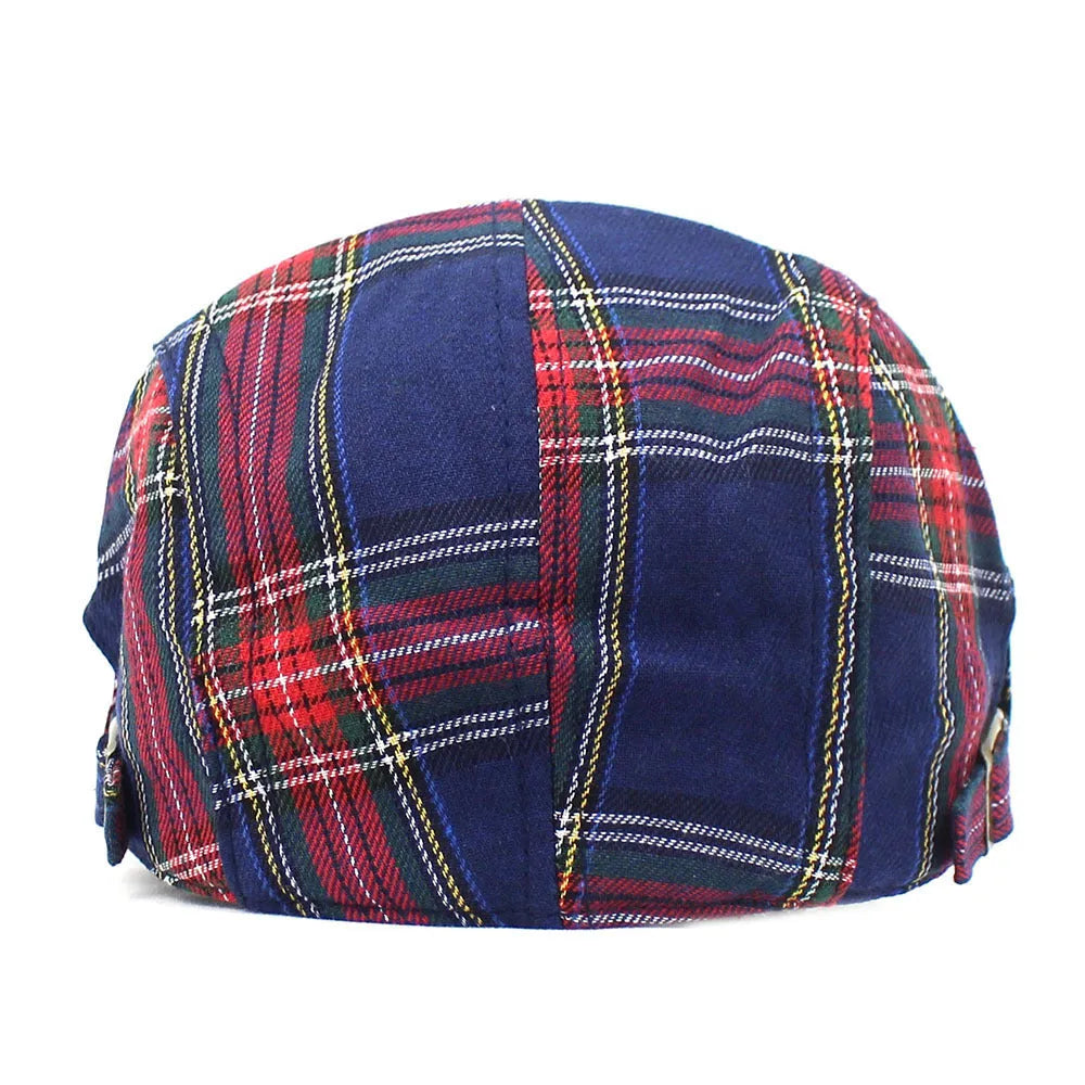 Retro plaid beret unisex peaked cap with curved brim and dome crown, available in red, yellow, and navy blue.