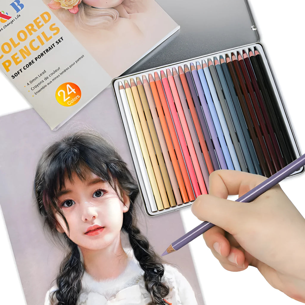 24 skin colour pencils in round metal tin case for portrait drawing art supplies