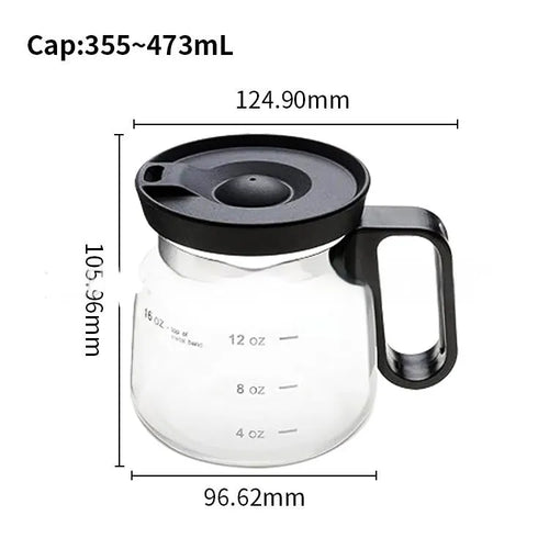 Transparent borosilicate glass coffee maker with silicone cover showing 355ml-473ml capacity