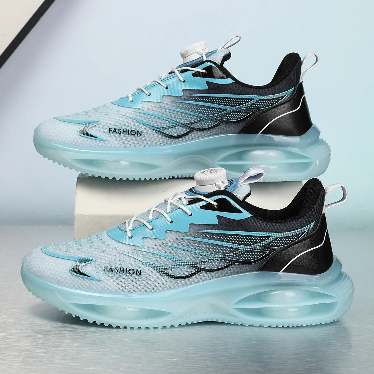 Breathable running shoes in sky blue with low-top design, round toe, and rubber sole